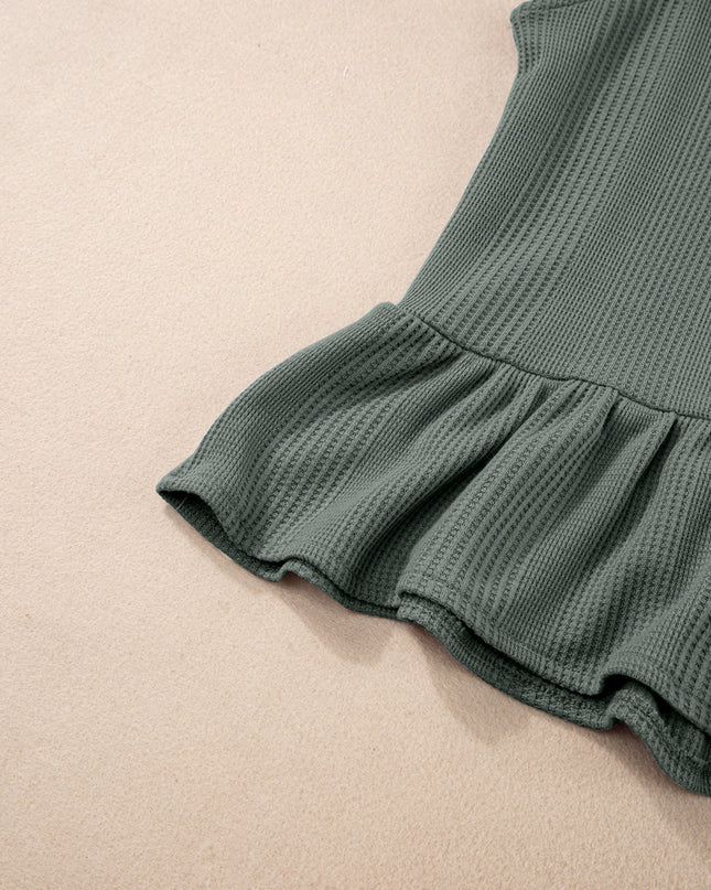 Beau Blue Solid Color Ribbed Ruffle Tank Top and Pants Set