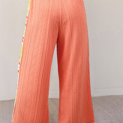 Grapefruit Orange Crochet Floral Accent V Neck Textured Pants Set