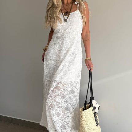 White Tie Spaghetti Straps Floral Lace Overlay Long Dress