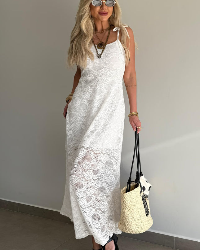 White Tie Spaghetti Straps Floral Lace Overlay Long Dress