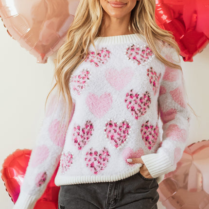 Pink Heart Leopard Print Pearled Ribbed Trim Fuzzy Sweater