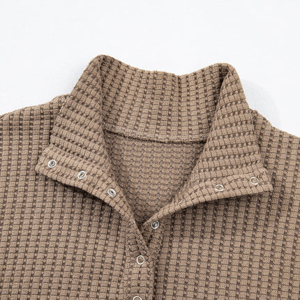Casual Solid Color Textured Snap Button Collared Baggy Top