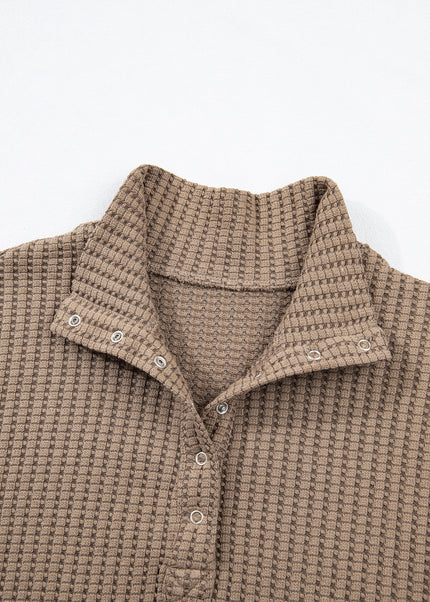 Casual Solid Color Textured Snap Button Collared Baggy Top