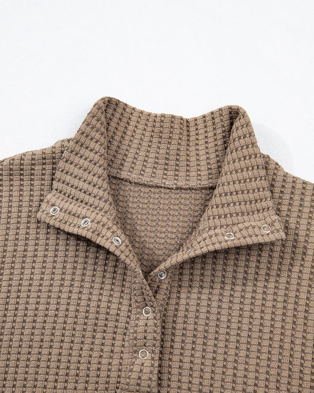 Casual Solid Color Textured Snap Button Collared Baggy Top