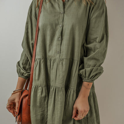 Tan Puff Sleeve Buttoned Tiered Pleated Shirt Mini Dress