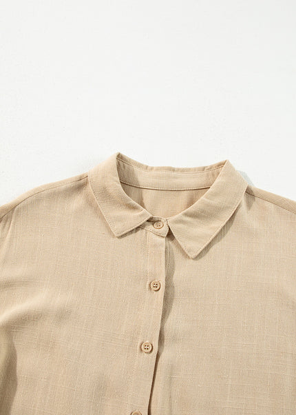 Tan Puff Sleeve Buttoned Tiered Pleated Shirt Mini Dress