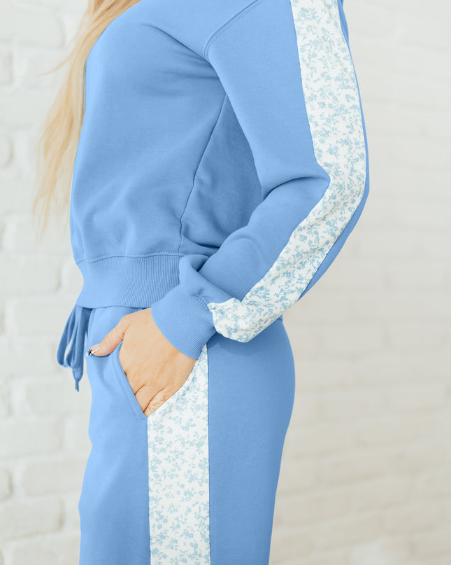 Beau Blue Floral Patchwork Drop Shoulder Pullover and Sweatpants Lounge Set