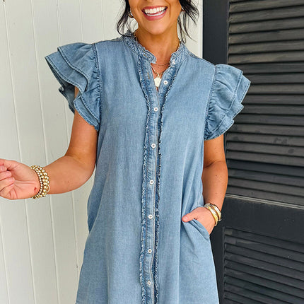 Myosotis Frilled Detail Button Down Ruffle Short Sleeve Denim Mini Dress