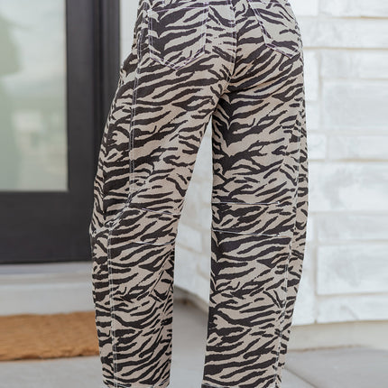 Gray Zebra Stripe Printed Wide Leg Jeans