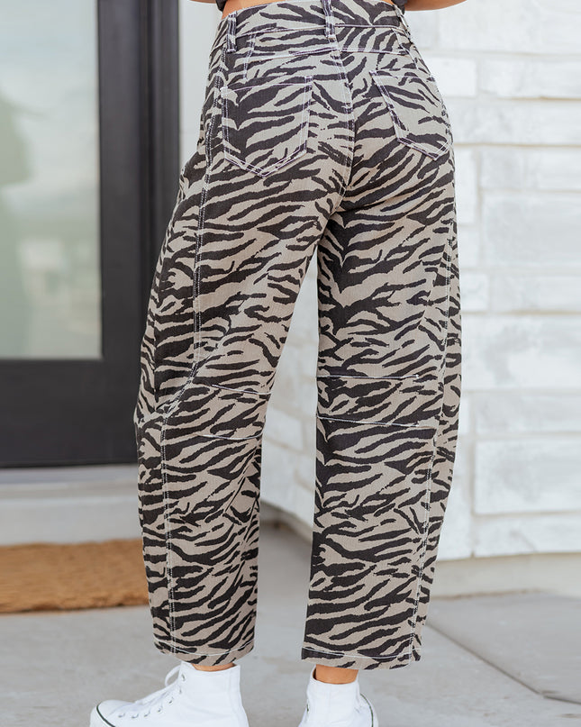 Gray Zebra Stripe Printed Wide Leg Jeans