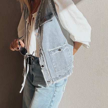 Beau Blue Frayed Edge Flap Pockets Denim Vest Jacket