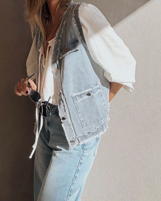 Beau Blue Frayed Edge Flap Pockets Denim Vest Jacket