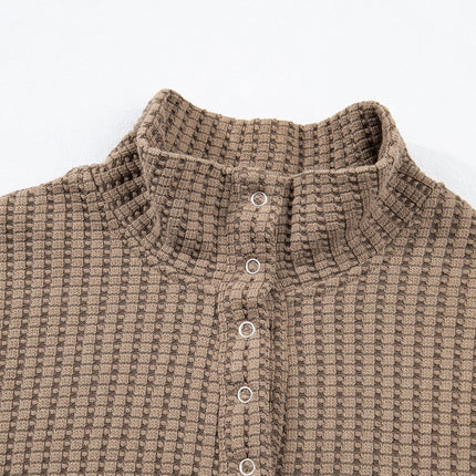 Casual Solid Color Textured Snap Button Collared Baggy Top