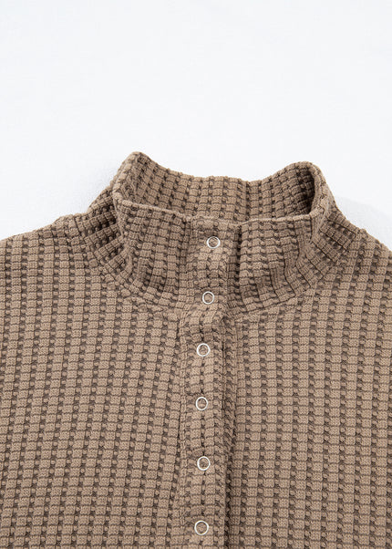 Casual Solid Color Textured Snap Button Collared Baggy Top