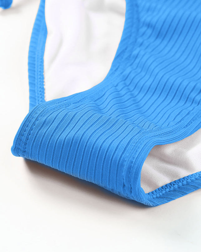 Sky Blue Adjustable Straps Ribbed Knit One Piece Swimsuit