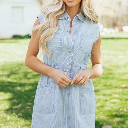 Sky Blue Stripe Collared Button Front Sleeveless Denim Mini Dress