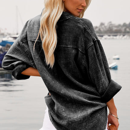 Black Crinkle Textured Chest Pockets Shirt
