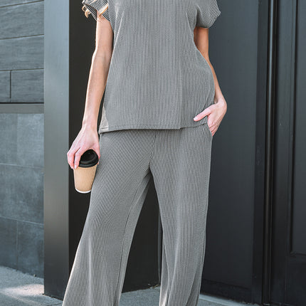 Dark Grey Twisted Ribbed High Neck Loose Tee Elastic High Waist Loose Pant Set