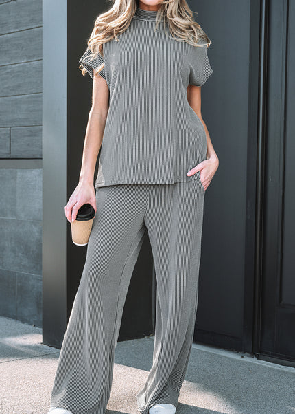 Dark Grey Twisted Ribbed High Neck Loose Tee Elastic High Waist Loose Pant Set