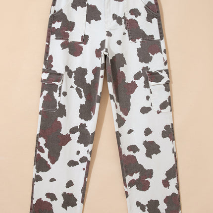 Brown Cow Spots Printed Multi Pocketed Jeans