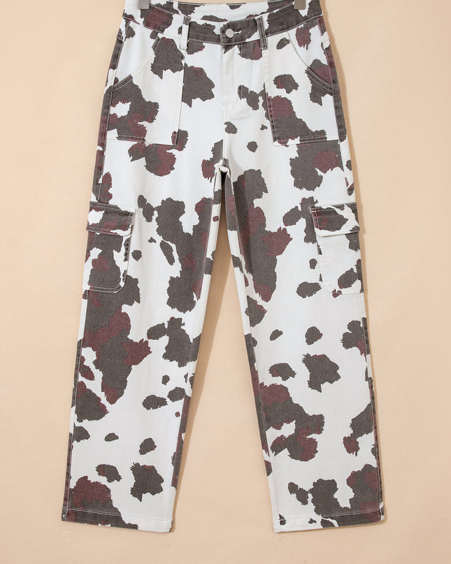 Brown Cow Spots Printed Multi Pocketed Jeans