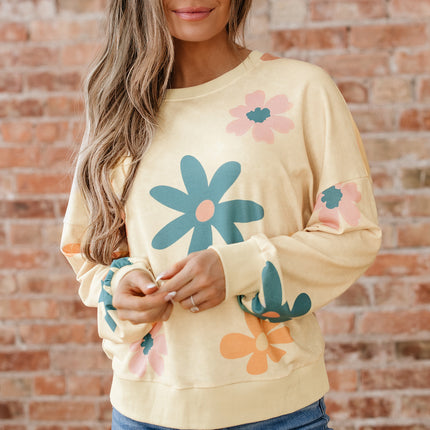 Khaki Washed French Terry Flower Print Sweatshirt