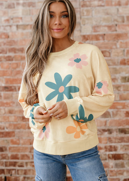 Khaki Washed French Terry Flower Print Sweatshirt