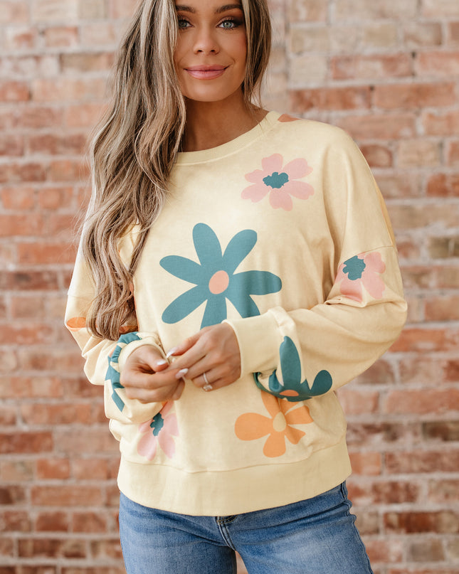 Khaki Washed French Terry Flower Print Sweatshirt