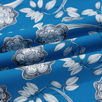 Blue Floral Print Button Tie Neck Striped Detail Short Sleeve Blouse