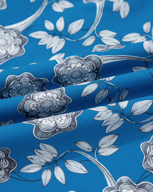 Blue Floral Print Button Tie Neck Striped Detail Short Sleeve Blouse