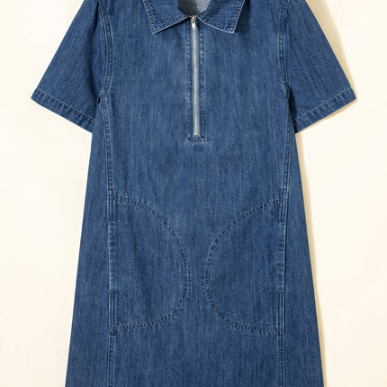 Blue Zip up Collared Short Sleeve Shift Mini Denim Dress