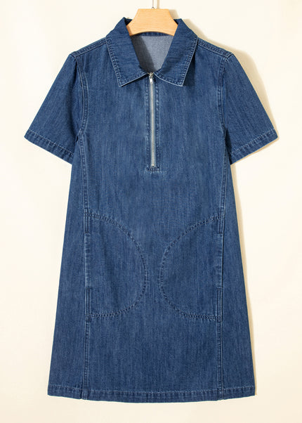 Blue Zip up Collared Short Sleeve Shift Mini Denim Dress