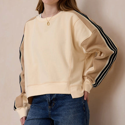 Beige Contrast Striped Patchwork Drop Shoulder Loose Sweatshirt