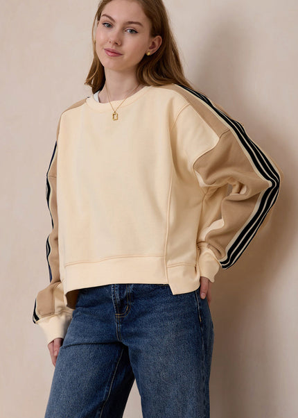 Beige Contrast Striped Patchwork Drop Shoulder Loose Sweatshirt