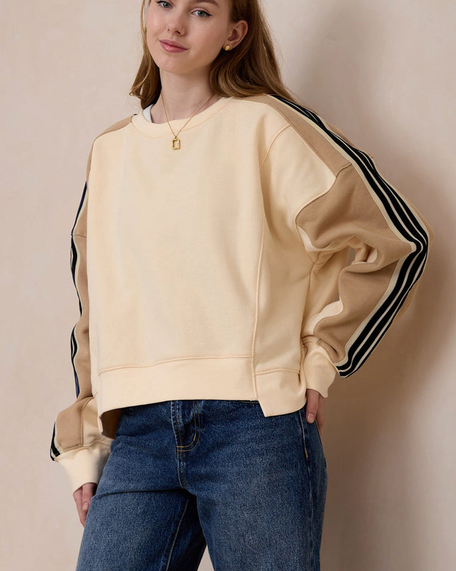 Beige Contrast Striped Patchwork Drop Shoulder Loose Sweatshirt