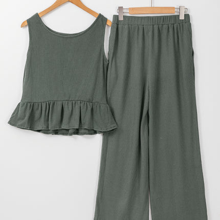 Beau Blue Solid Color Ribbed Ruffle Tank Top and Pants Set