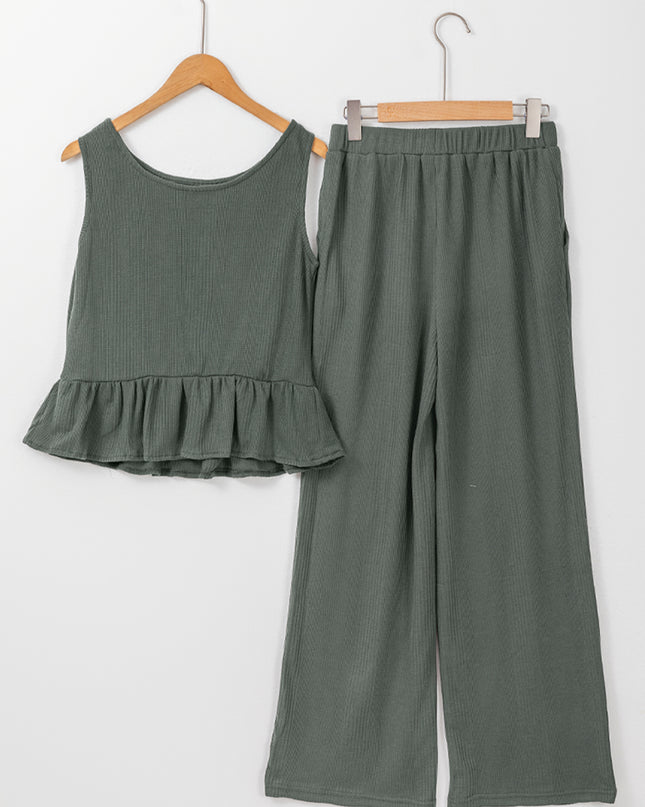 Beau Blue Solid Color Ribbed Ruffle Tank Top and Pants Set