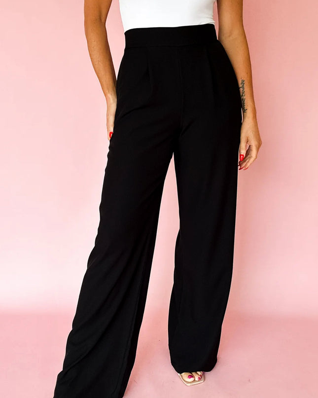 Black Pleated Detail Pull On High Elastic Waist Loose Straight Pants