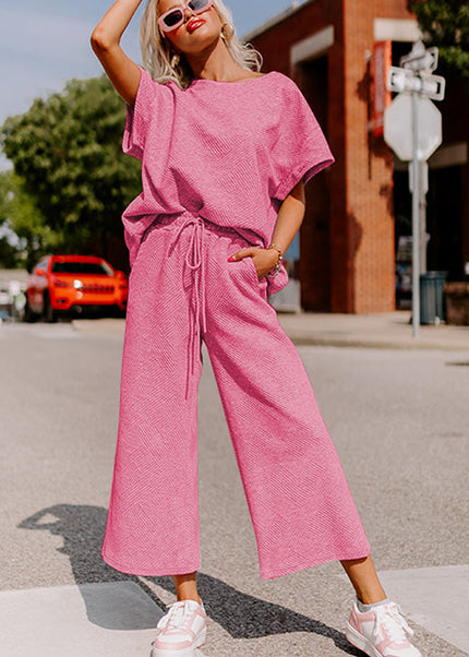 Black Textured Loose Fit T Shirt and Drawstring Pants Set