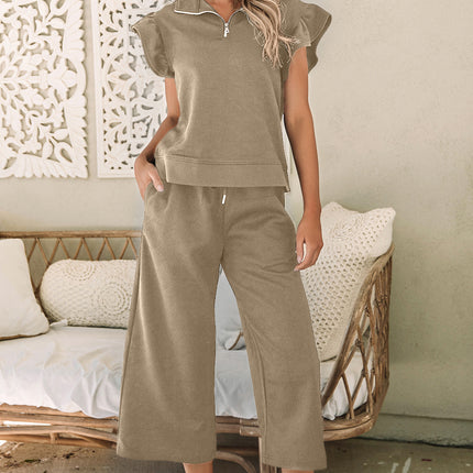 Black Textured Flutter Sleeve Top Wide Leg Pants Set