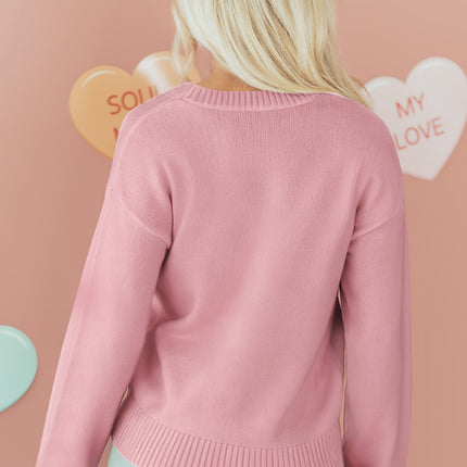Light Pink Plaid Heart Embroidered Cuffed Drop Shoulder Crew Neck Sweater