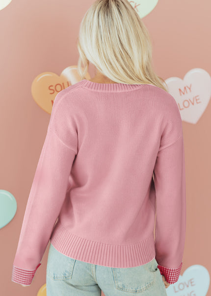 Light Pink Plaid Heart Embroidered Cuffed Drop Shoulder Crew Neck Sweater