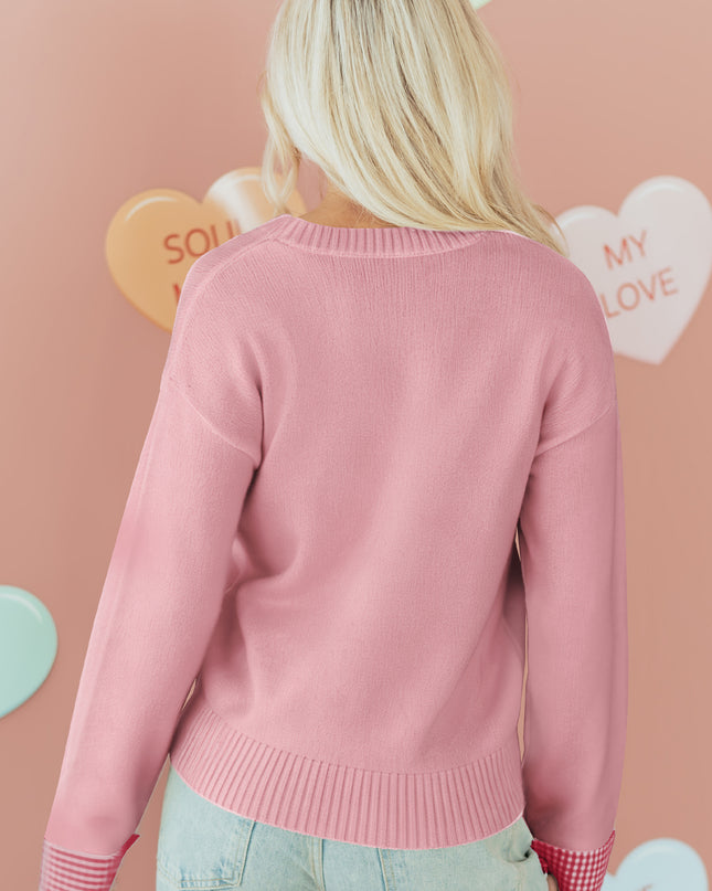 Light Pink Plaid Heart Embroidered Cuffed Drop Shoulder Crew Neck Sweater
