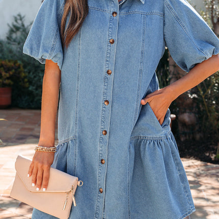 Beau Blue Button Down Short Puff Sleeve Ruffle Hem Patchwork Denim Dress