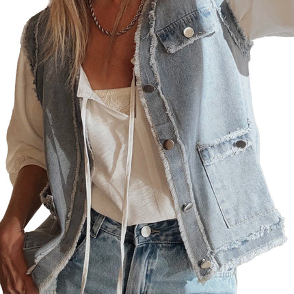 Beau Blue Frayed Edge Flap Pockets Denim Vest Jacket