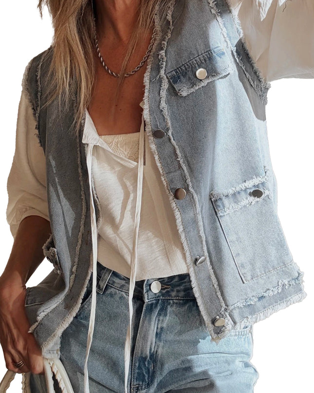 Beau Blue Frayed Edge Flap Pockets Denim Vest Jacket