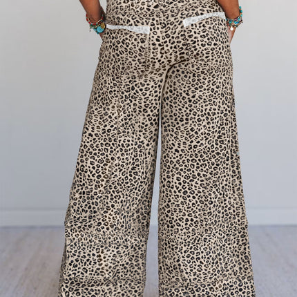 Khaki Animal Print Wide Leg Terry Knit Pants