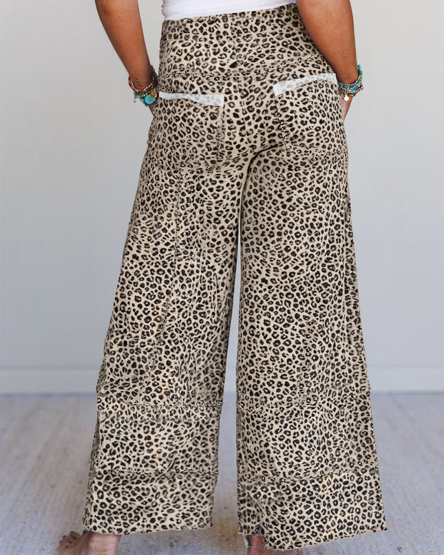 Khaki Animal Print Wide Leg Terry Knit Pants