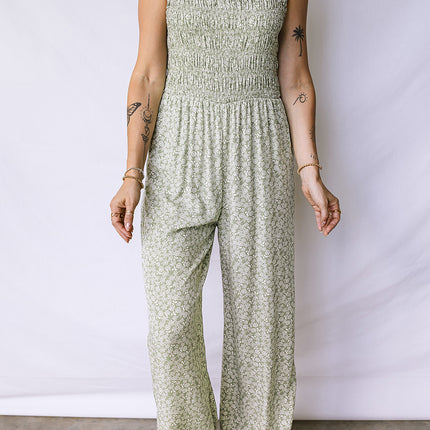 Green Smocked Bodice Square Neck Sleeveless Floral Jumpsuit