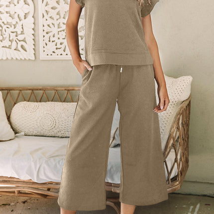 Black Textured Flutter Sleeve Top Wide Leg Pants Set